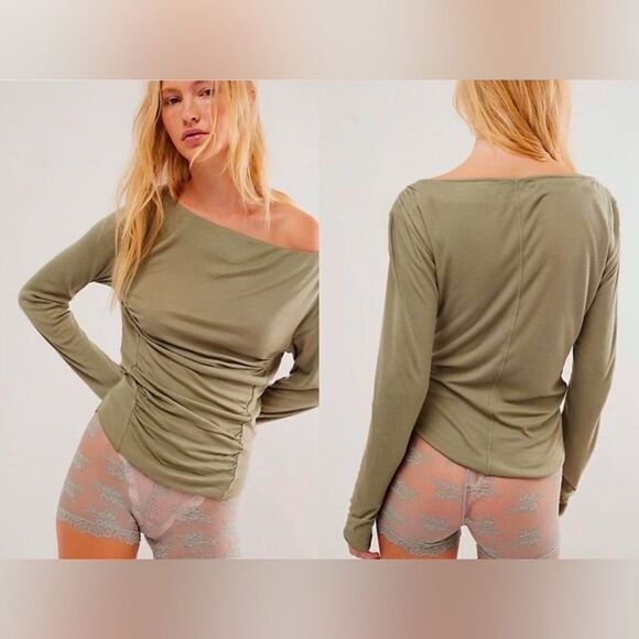 Free People NWT Night We Met Ruched Long Sleeve in Army Size XS - Picture 1 of 8